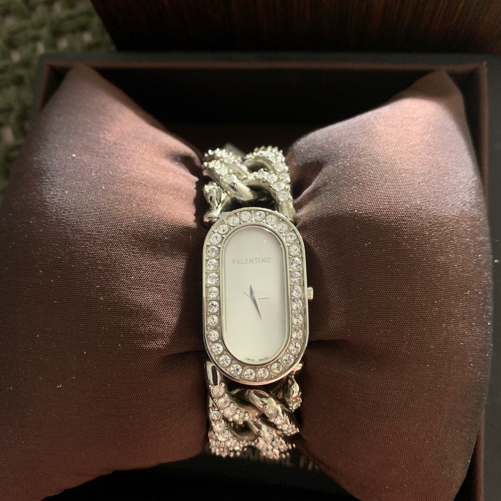Valentino Silver Crystal-Trim Oval Bracelet Watch